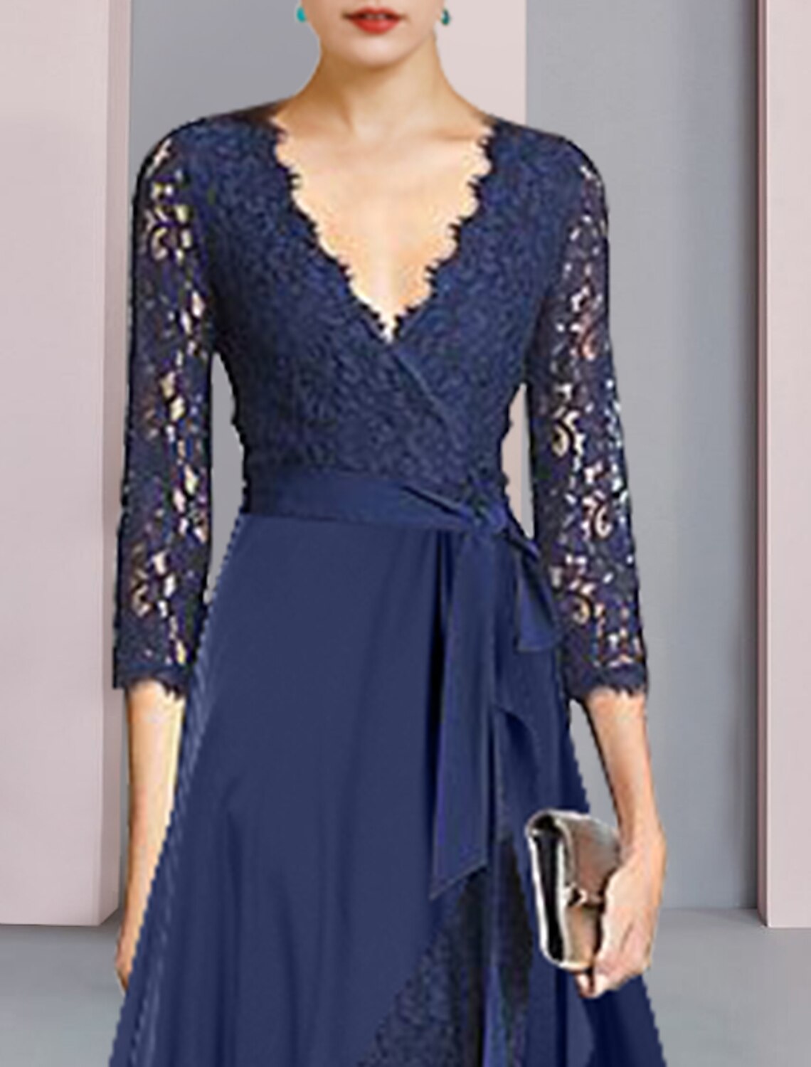Vestido de dos piezas para madre de la novia, estilo tubo/columna, elegante, para invitada de boda, escote en V, largo hasta la rodilla, de gasa, con encaje, mangas 3/4 y lazo(s).